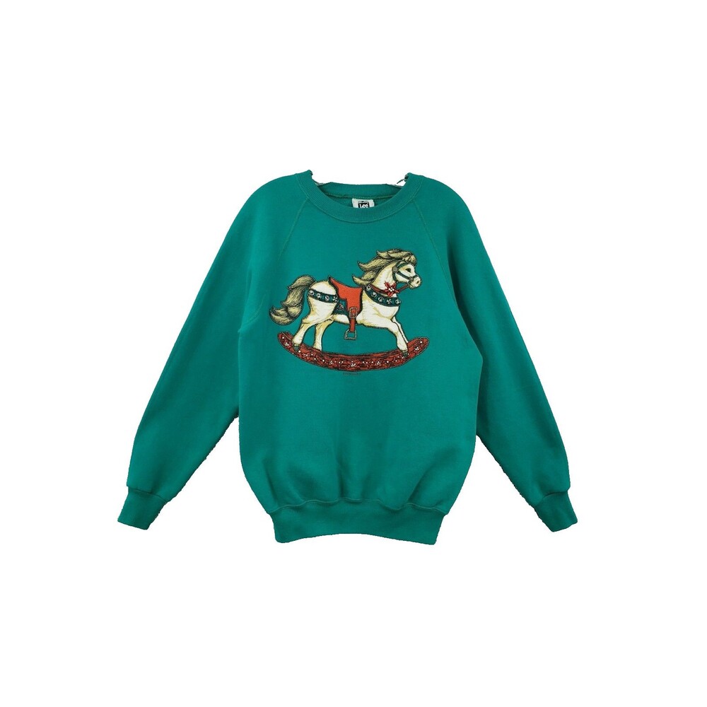 Vtg Lee Christmas Sweatshirt Sz L Green 3D Rocking Horse Graphic Raglan Sleeves